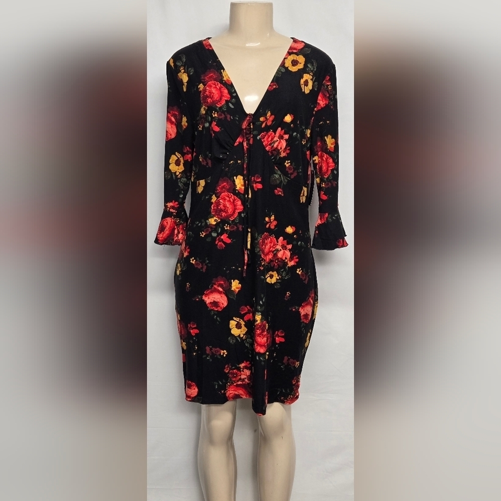 Nobo Elbow Sleeve Floral Dress XL 15-17 V Neck Ruffle Sleeves New